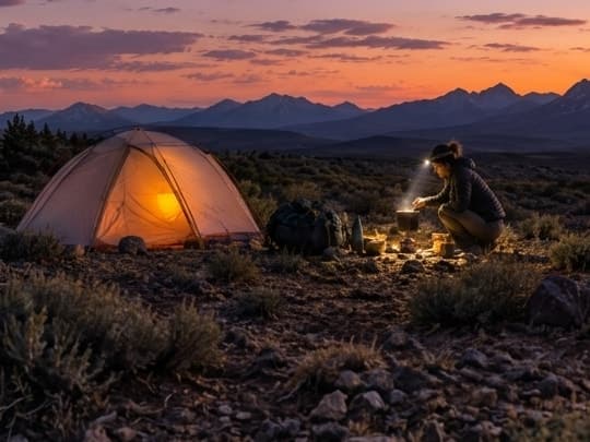A backpacker cooks dinner by headlamp near a glowing tent at dusk, with mountains on the horizon
